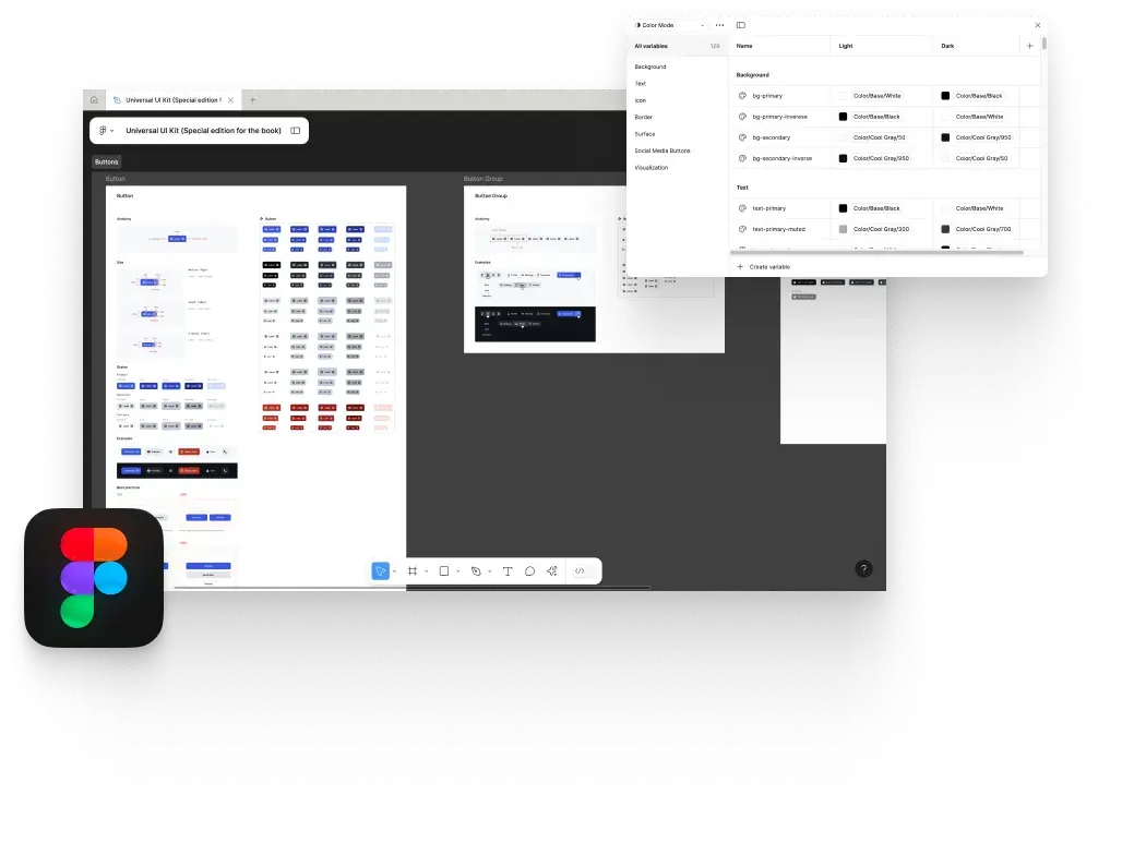 Screenshot of a Figma file showcasing a Design System, featuring variables in use, with the Figma icon visible.