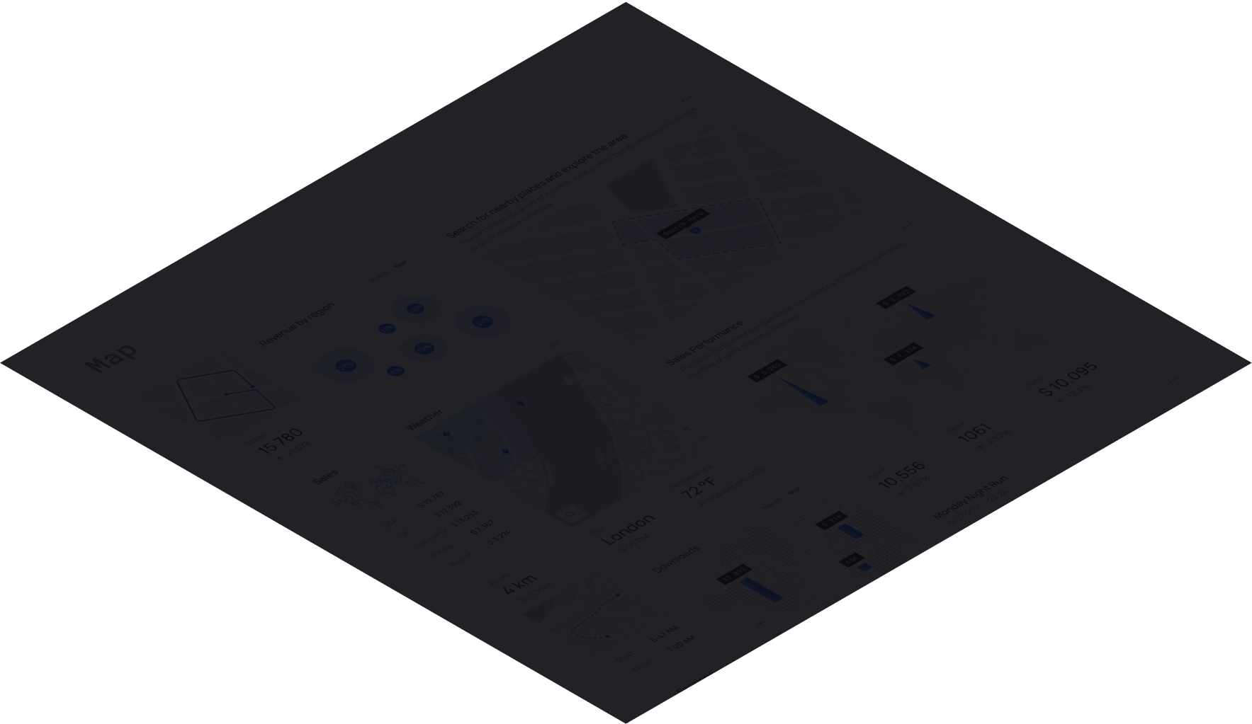 Screenshot of a Universal Data Visualization showing various map-based visualizations, including search areas, revenue by region, weather, sales performance, and other geographical data representations.