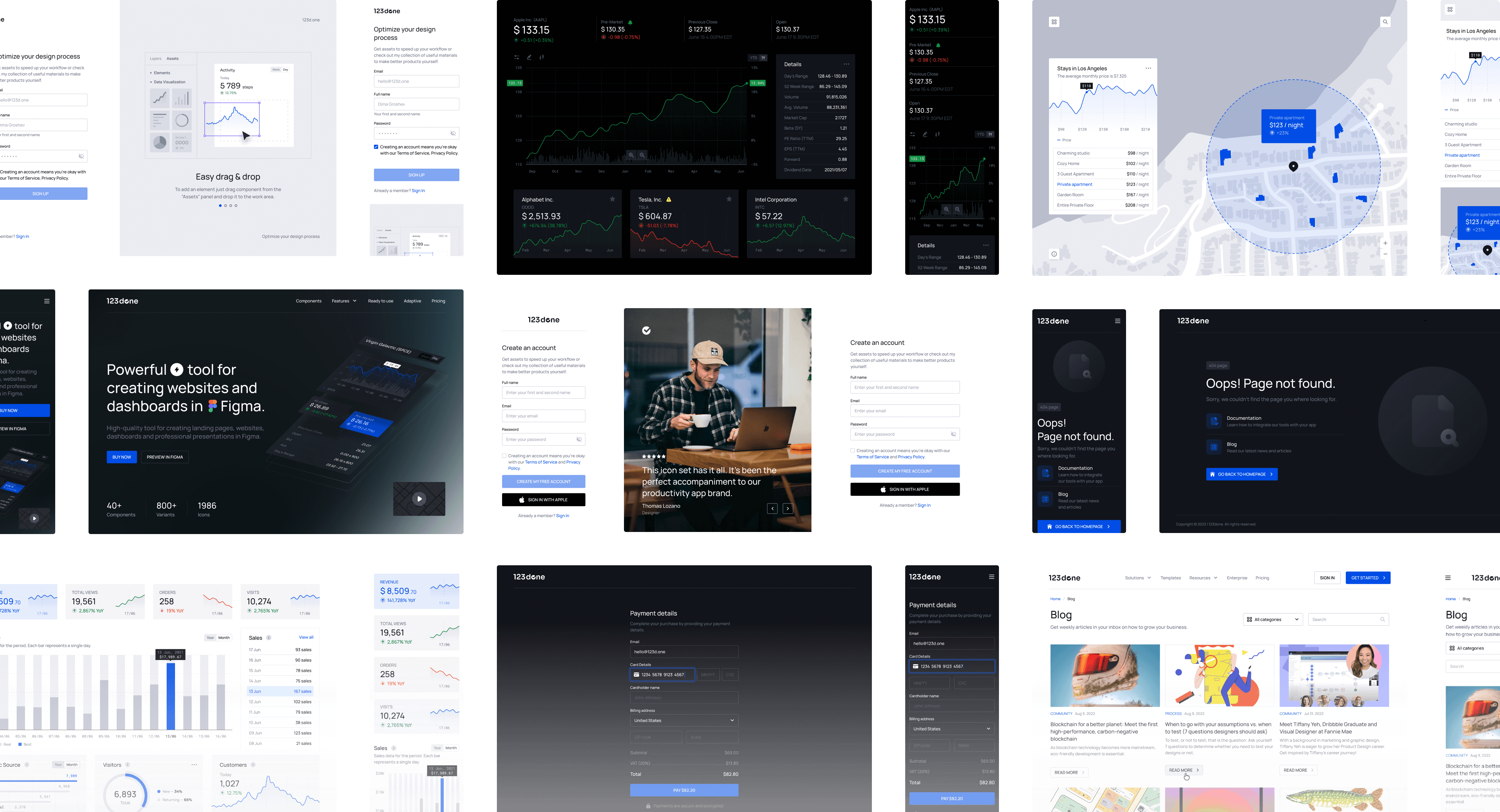 Web pages, including dashboards, account creation forms, error pages, maps, and blog layouts, are created using the Universal Design System by 123done in Figma.