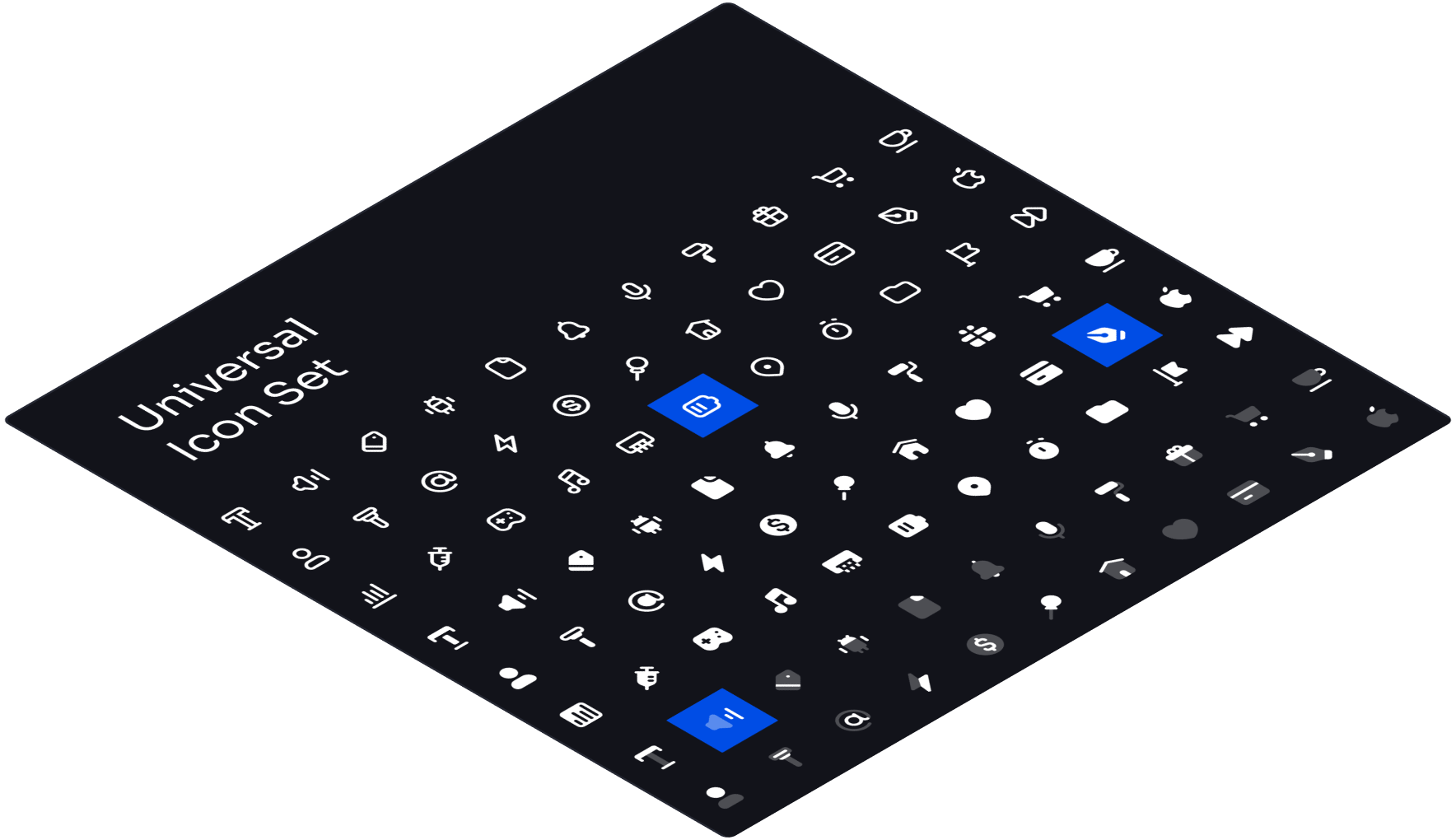 Screenshot of a Universal Icon Set showcasing a variety of icons in different styles, including solid, line, and duo-tone designs. The icons represent various objects and actions, such as envelopes, gears, hearts, and more.