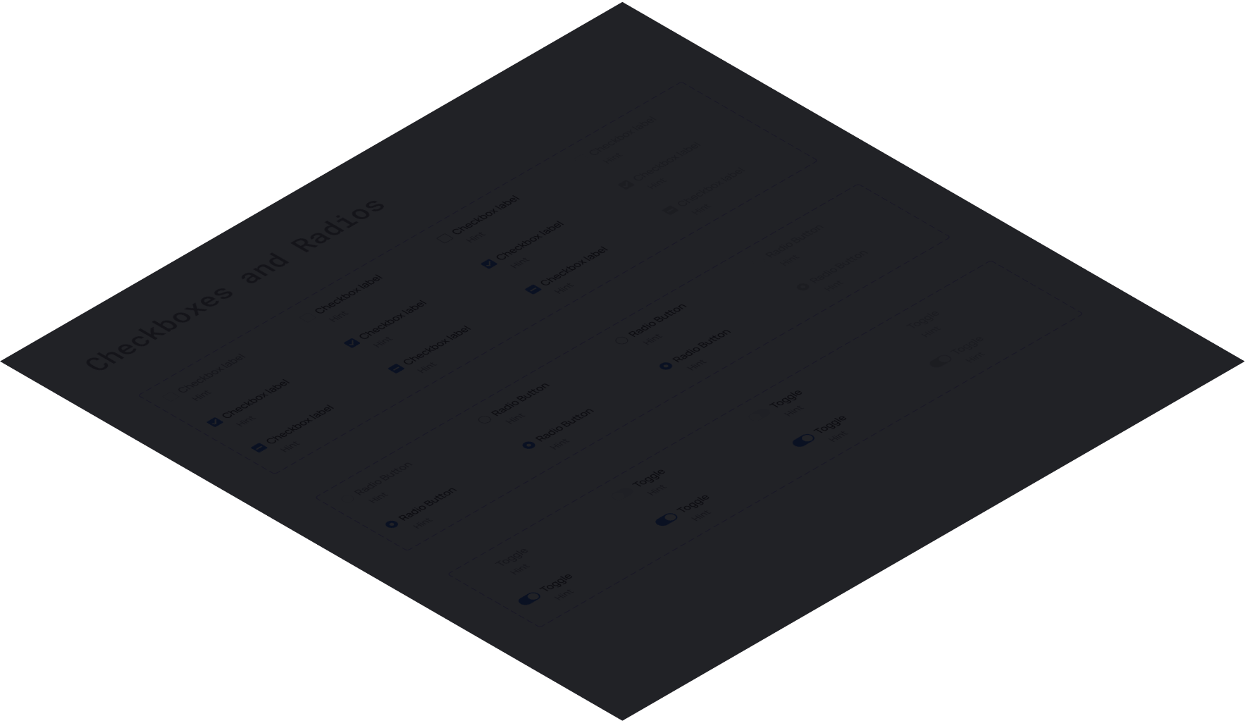 Screenshot of a Universal UI Kit showcasing various checkbox and radio button designs, including labeled checkboxes, radio buttons, and toggle switches in different states.