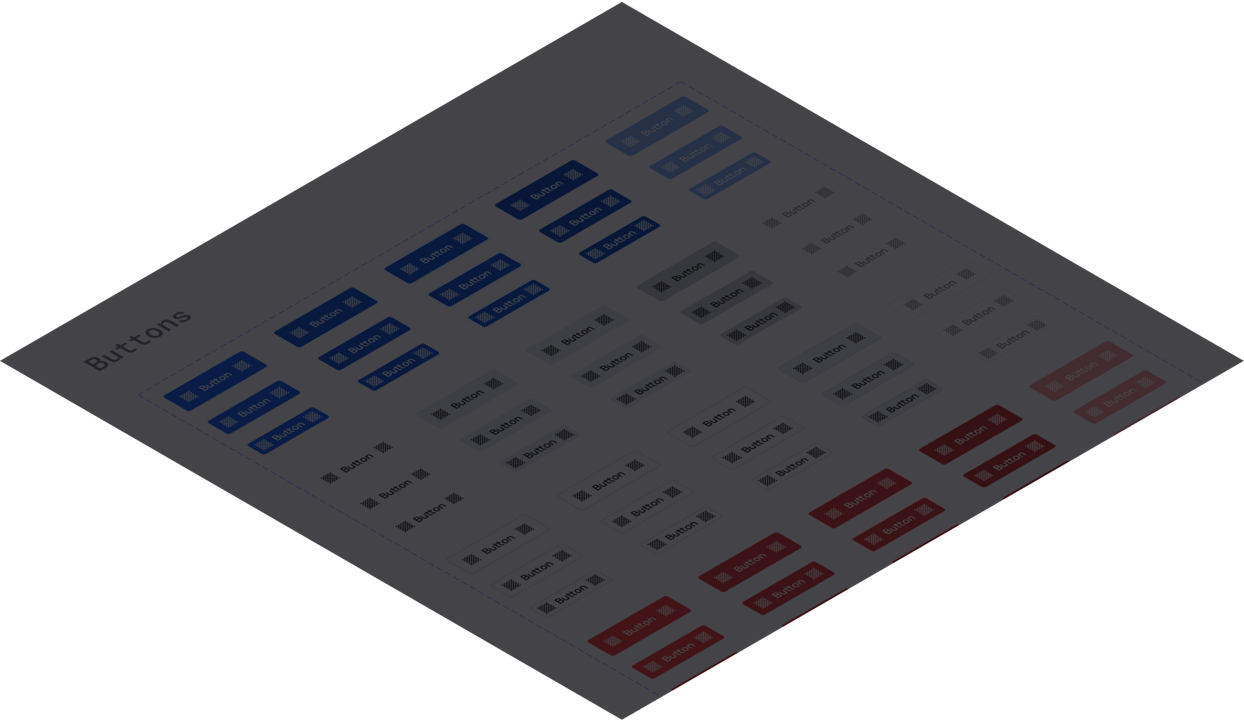 Screenshot of a Universal UI Kit showcasing various button designs in different colors, including blue, gray, and red, with various states and styles.