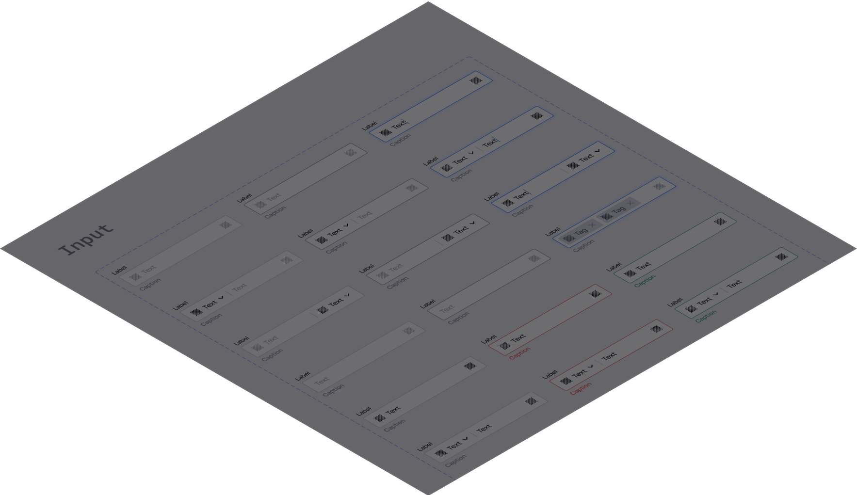 Screenshot of a Universal UI Kit showcasing various input field designs, including labeled text inputs, inputs with tags, and inputs with different border styles and captions.