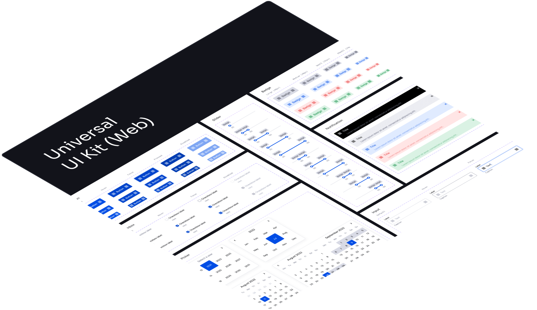 Screenshot of a Universal UI Kit showcasing various UI elements such as buttons, sliders, badges, tabs, checkboxes, and date pickers in different styles and configurations.