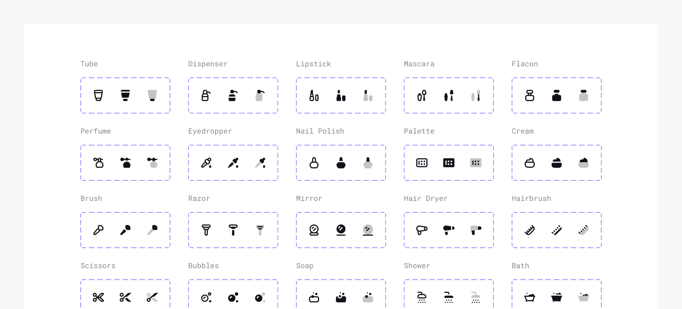 Personal Care icon set in Universal Icon Set in Figma. Icons for tube, dispenser, lipstick, mascara, flacon, perfume, eyedropper, nail polish, palette, cream, brush, razor, mirror, hair dryer, hairbrush, scissors, bubbles, soap, shower, and bath.