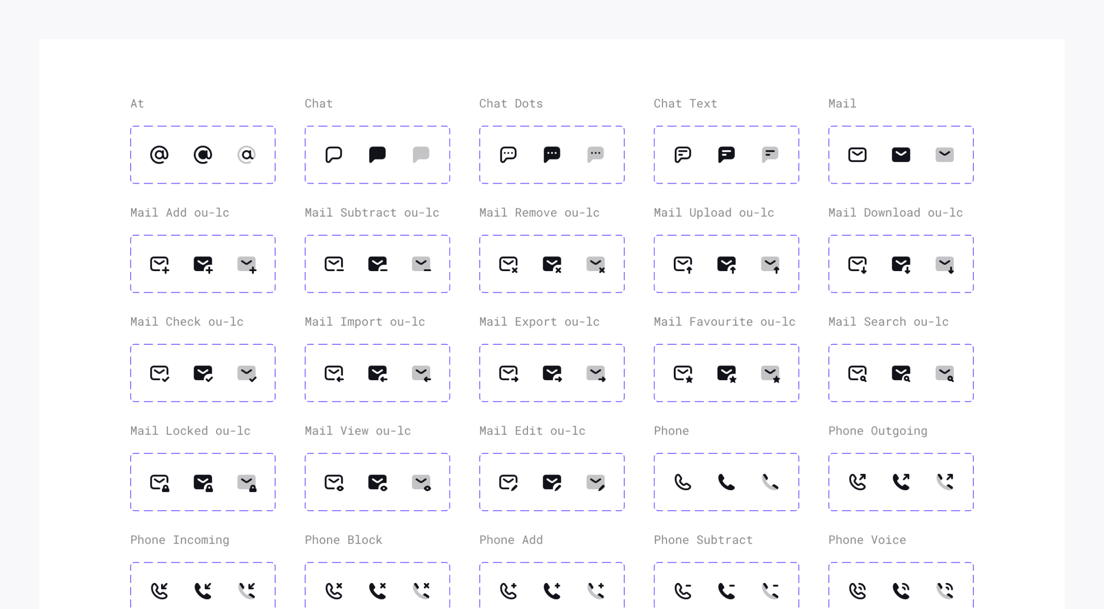 Communication icon set in Universal Icon Set in Figma. A set of communication symbols, including various chat, mail, and phone with variations for adding, removing, uploading, downloading, checking, importing, exporting, favoriting, and calling.