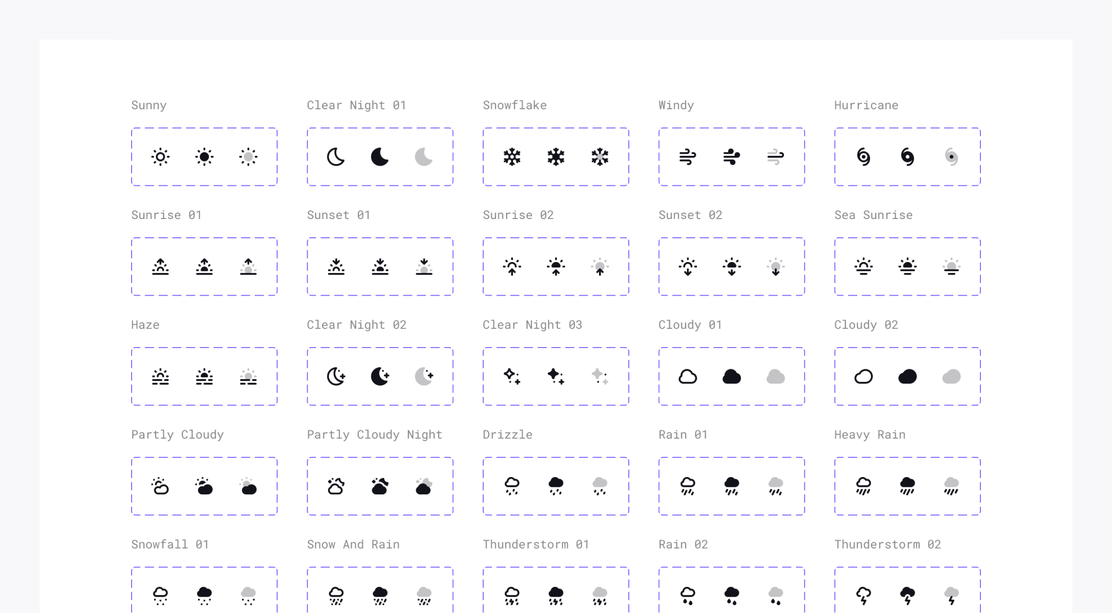 Weather icon set in Universal Icon Set in Figma. A set of weather symbols for sunny, clear night, snowflake, windy, hurricane, sunrise, sunset, haze, cloudy, partly cloudy, drizzle, rain, heavy rain, snowfall, snow and rain, and thunderstorm, each with different variations.