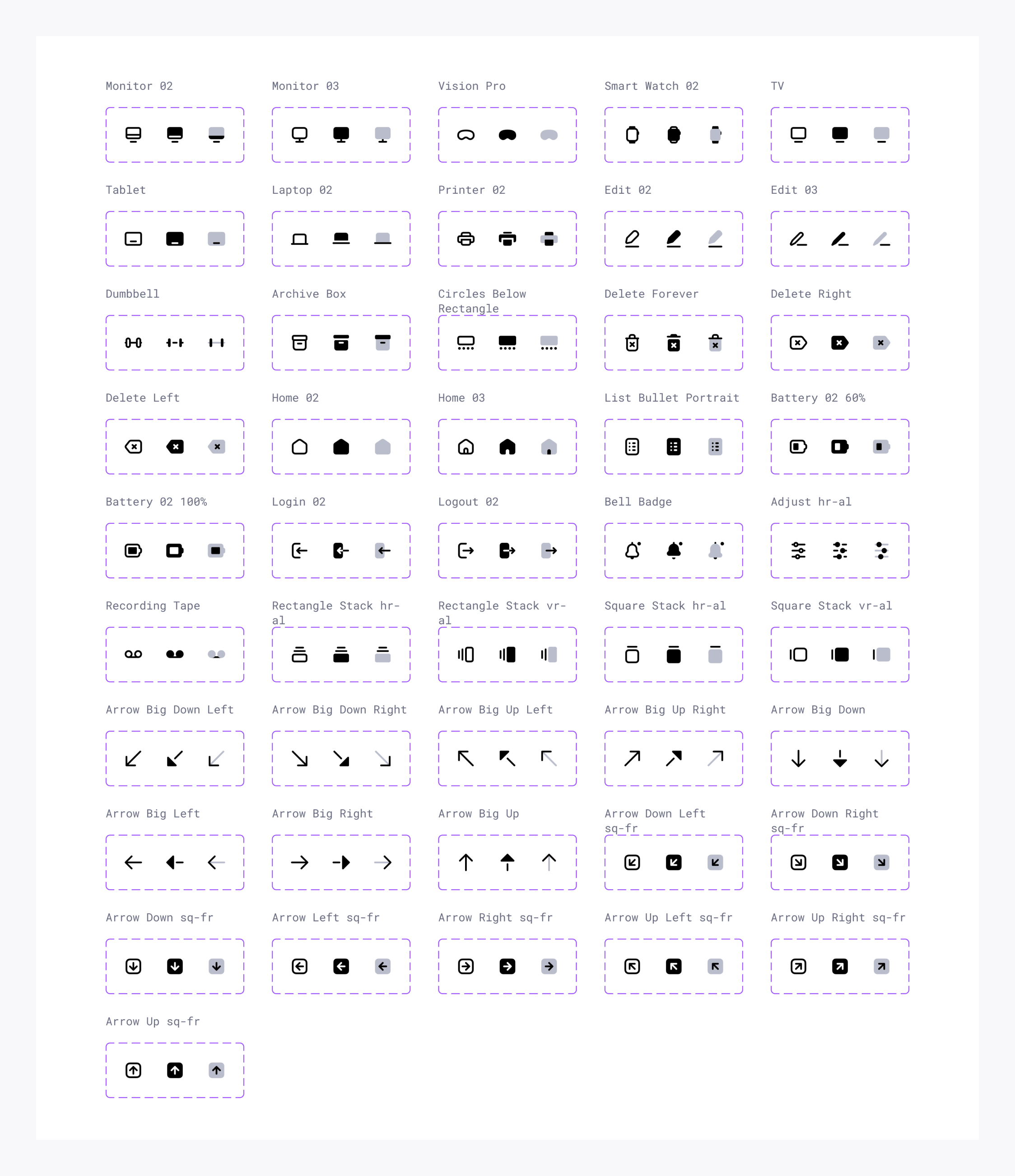 New icons in Universal Icon Set in Figma. New icons in the Arrows, Devices and Electronics, Media, Sport and Fitness, User Interface categories.