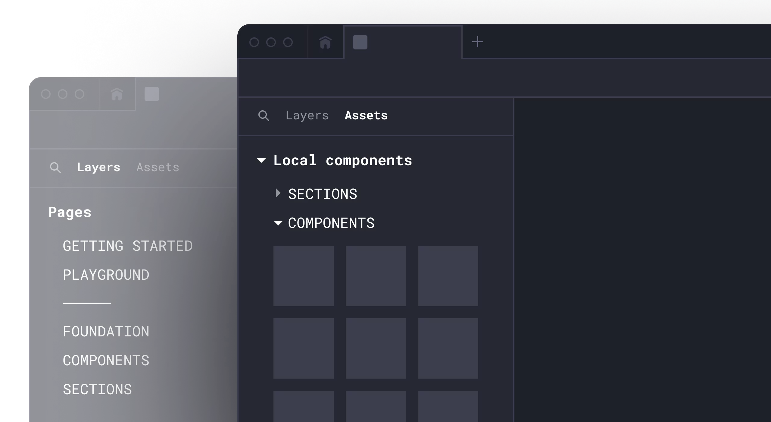 Compact view. A screenshot of a design tool interface showing the 'Layers' and 'Assets' panels. The 'Layers' panel lists various pages including 'Getting Started,' 'Playground,' 'Foundation,' 'Components,' and 'Sections.' The 'Assets' panel displays 'Local components' with folders for 'Sections' and 'Components,' featuring placeholders for various component assets.